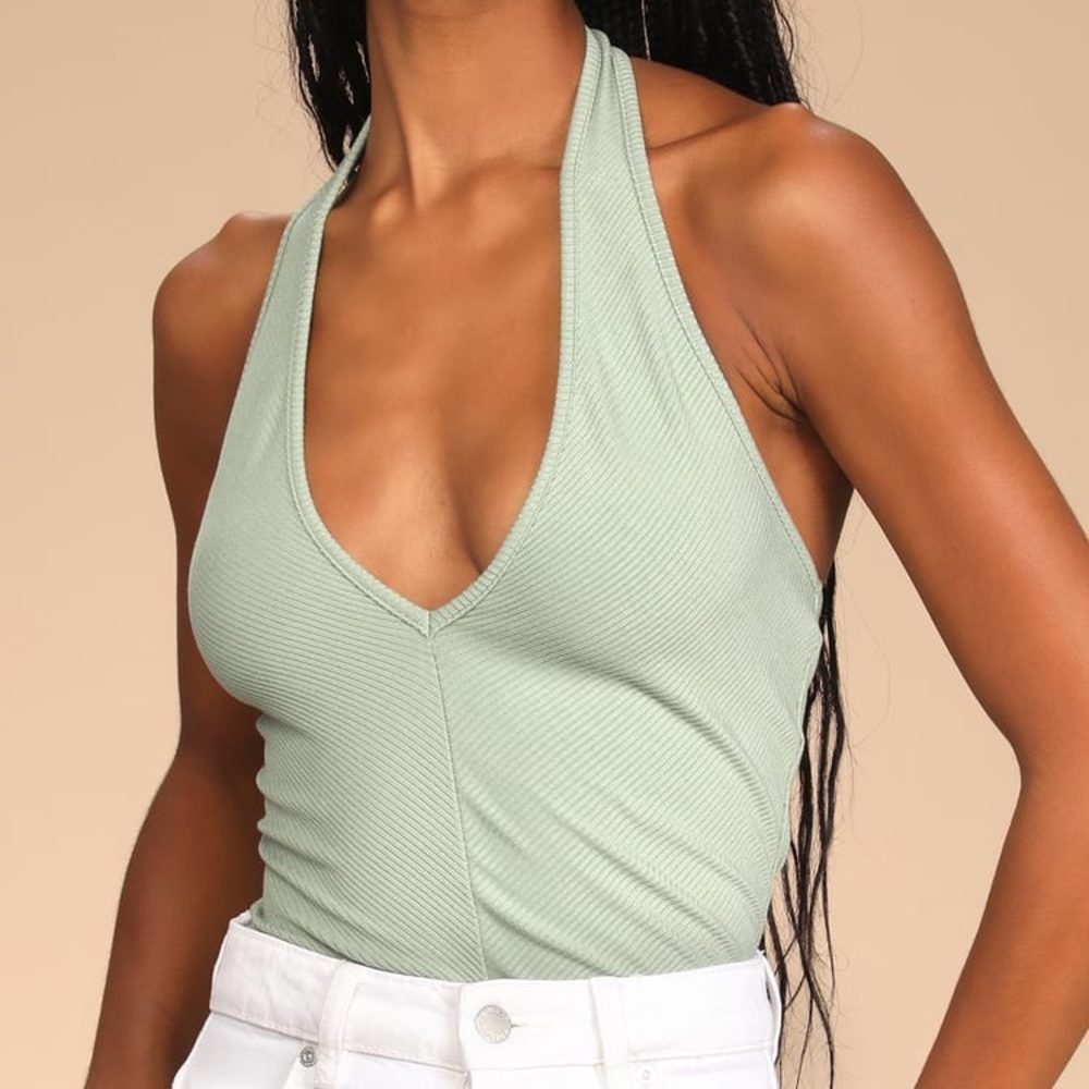 NEW Sage Green Ribbed Sleeveless Halter Bodysuit - Picture 2 of 6